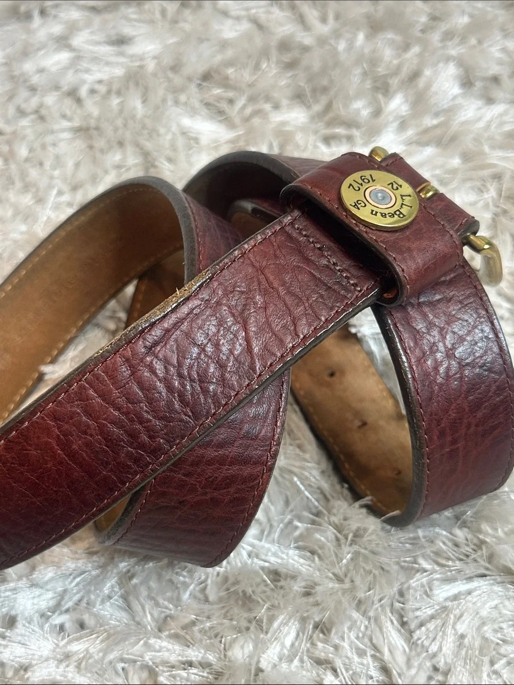 Preloved Vintage L.L. Bean 12 Gauge Dark Brown Leather Belt, Brass Buckle, 40